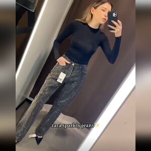 ZARA WOMAN NEW STRAIGHT CUT MID RISE RHINESTONE JEANS ZW COLLECTION  US10